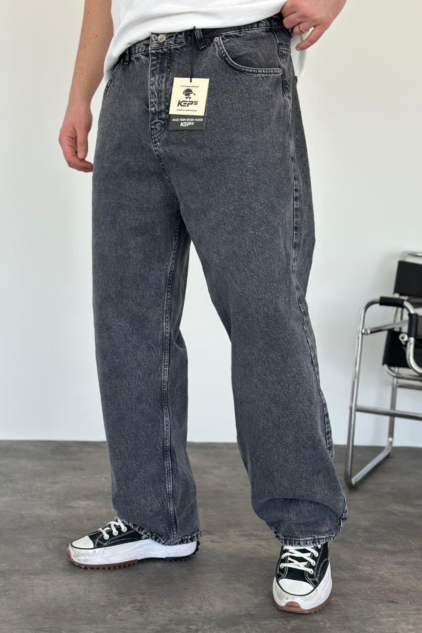 Charcoal Gray Denim Jeans - Vintage washed charcoal baggy jeans designed for a relaxed streetwear fit. Features a wide-leg silhouette, high-rise waist, classic five-pocket design, and soft faded denim texture for an effortless everyday look. Perfect to pair with oversized tees, hoodies, or sneakers for a bold urban style.