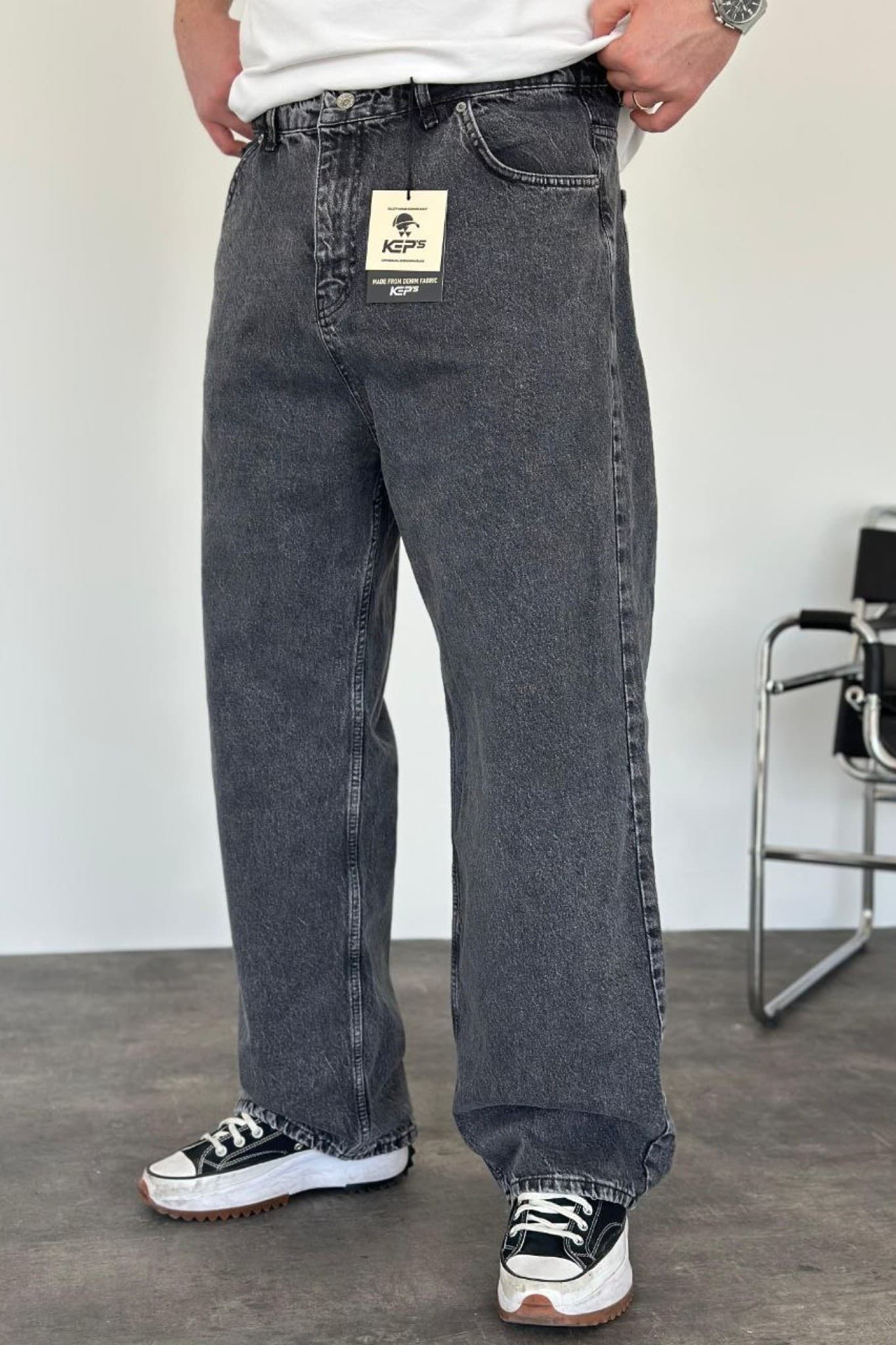 Charcoal Gray Denim Jeans - Vintage washed charcoal baggy jeans designed for a relaxed streetwear fit. Features a wide-leg silhouette, high-rise waist, classic five-pocket design, and soft faded denim texture for an effortless everyday look. Perfect to pair with oversized tees, hoodies, or sneakers for a bold urban style.