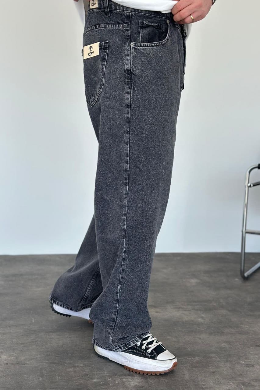 Charcoal Gray Denim Jeans - Vintage washed charcoal baggy jeans designed for a relaxed streetwear fit. Features a wide-leg silhouette, high-rise waist, classic five-pocket design, and soft faded denim texture for an effortless everyday look. Perfect to pair with oversized tees, hoodies, or sneakers for a bold urban style.