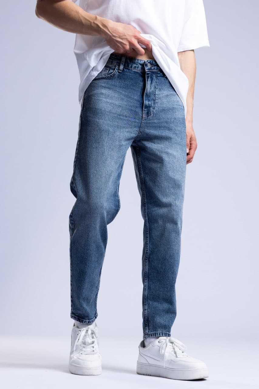 Classic Blue Wash Denim Boyfriend Jeans - Classic blue wash denim jeans crafted with a slim straight fit for a clean modern look. Features a soft faded finish, mid-rise waist, and timeless five-pocket design for everyday comfort and style. Perfect to pair with oversized tees, shirts, or sneakers for an effortless casual outfit.