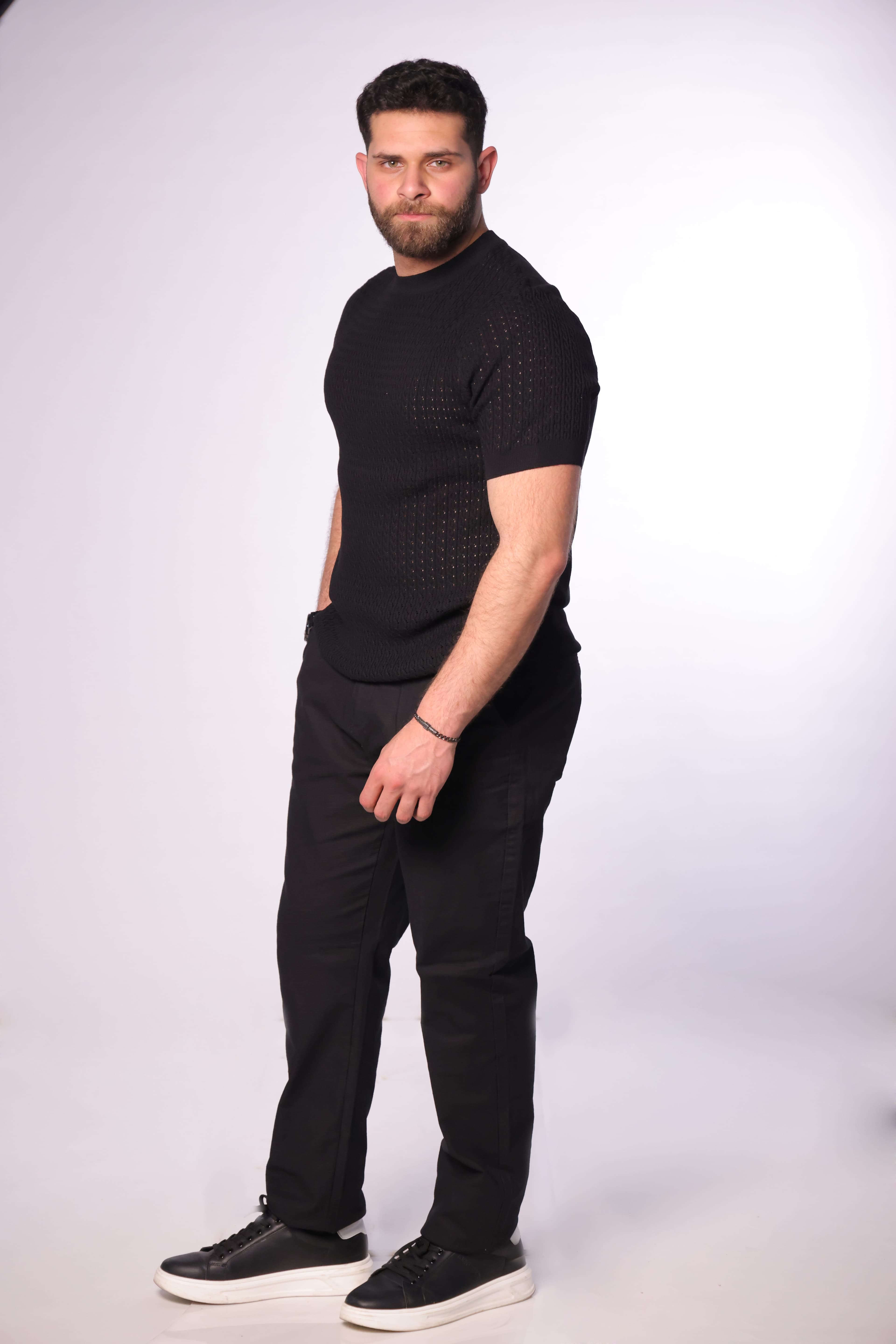 Slim-Fit Black Knitted T-Shirt