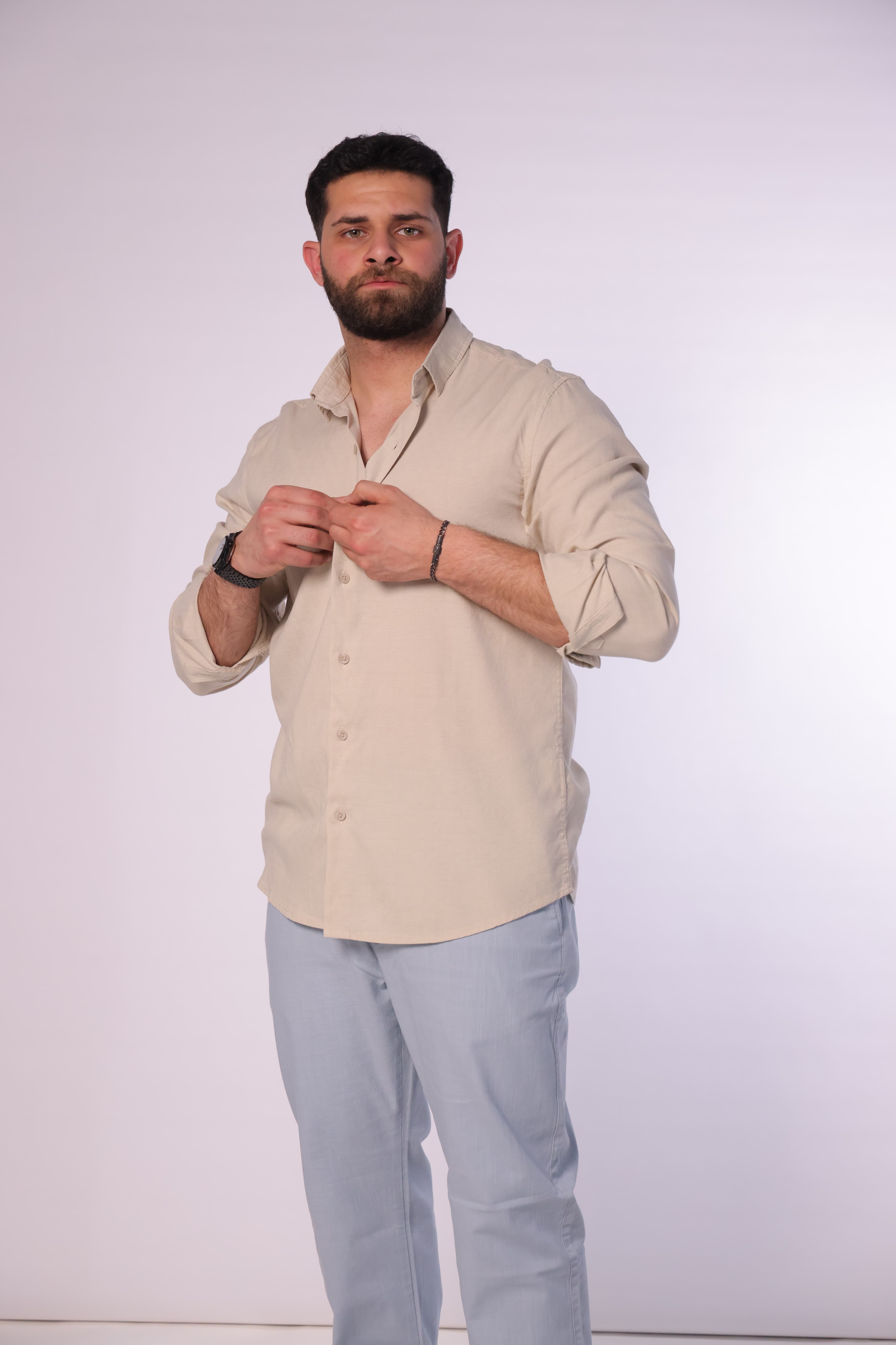 Regular-Fit Beige Button-Down Shirt