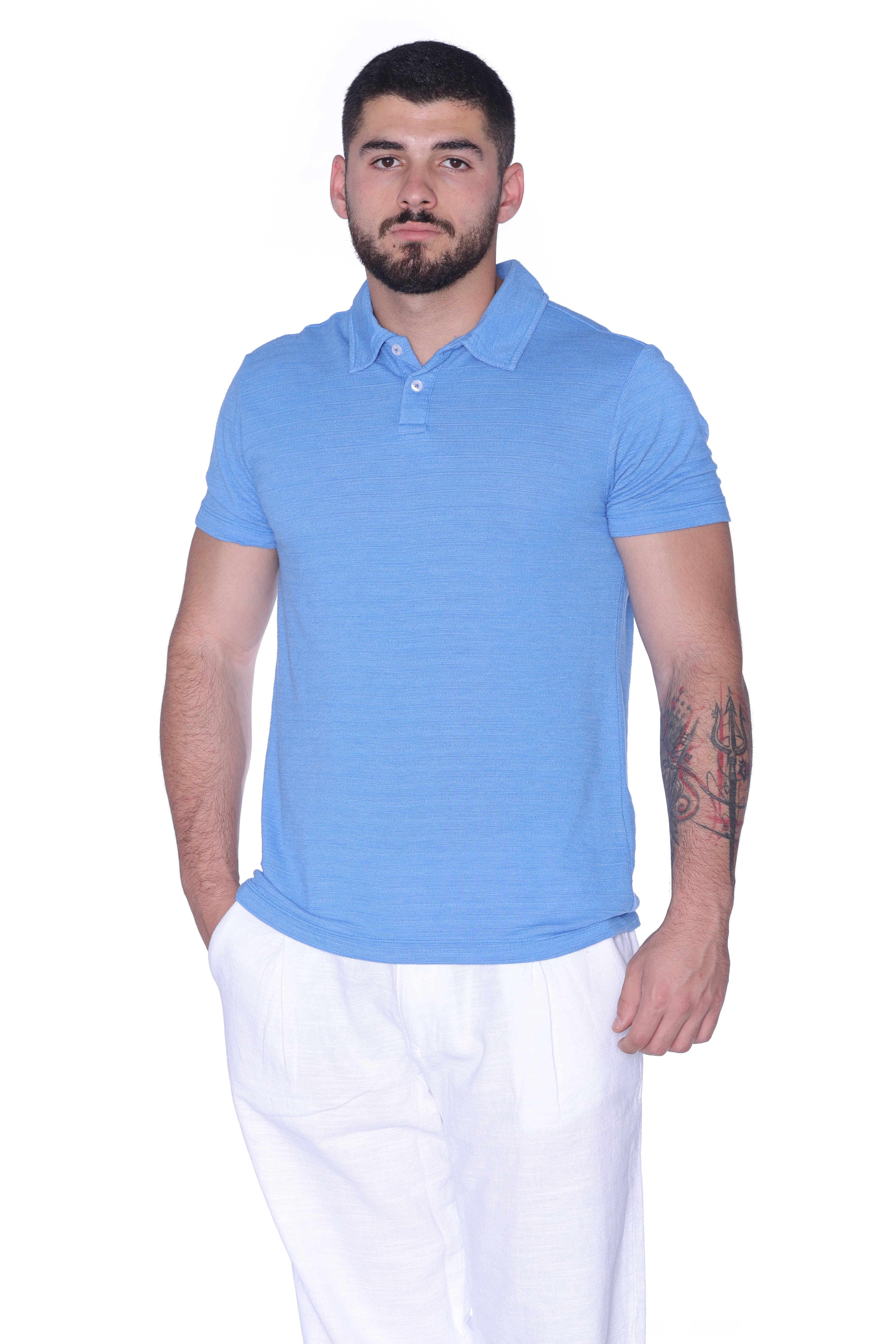 Slim-Fit Light Blue Polo Shirt - Slim-fit light blue polo shirt featuring a clean, minimal design with a soft textured finish. Designed with a classic collar and button placket for a timeless look. Crafted from lightweight, breathable fabric that offers all-day comfort while enhancing the silhouette—perfect for smart-casual outfits or fresh everyday styling.
