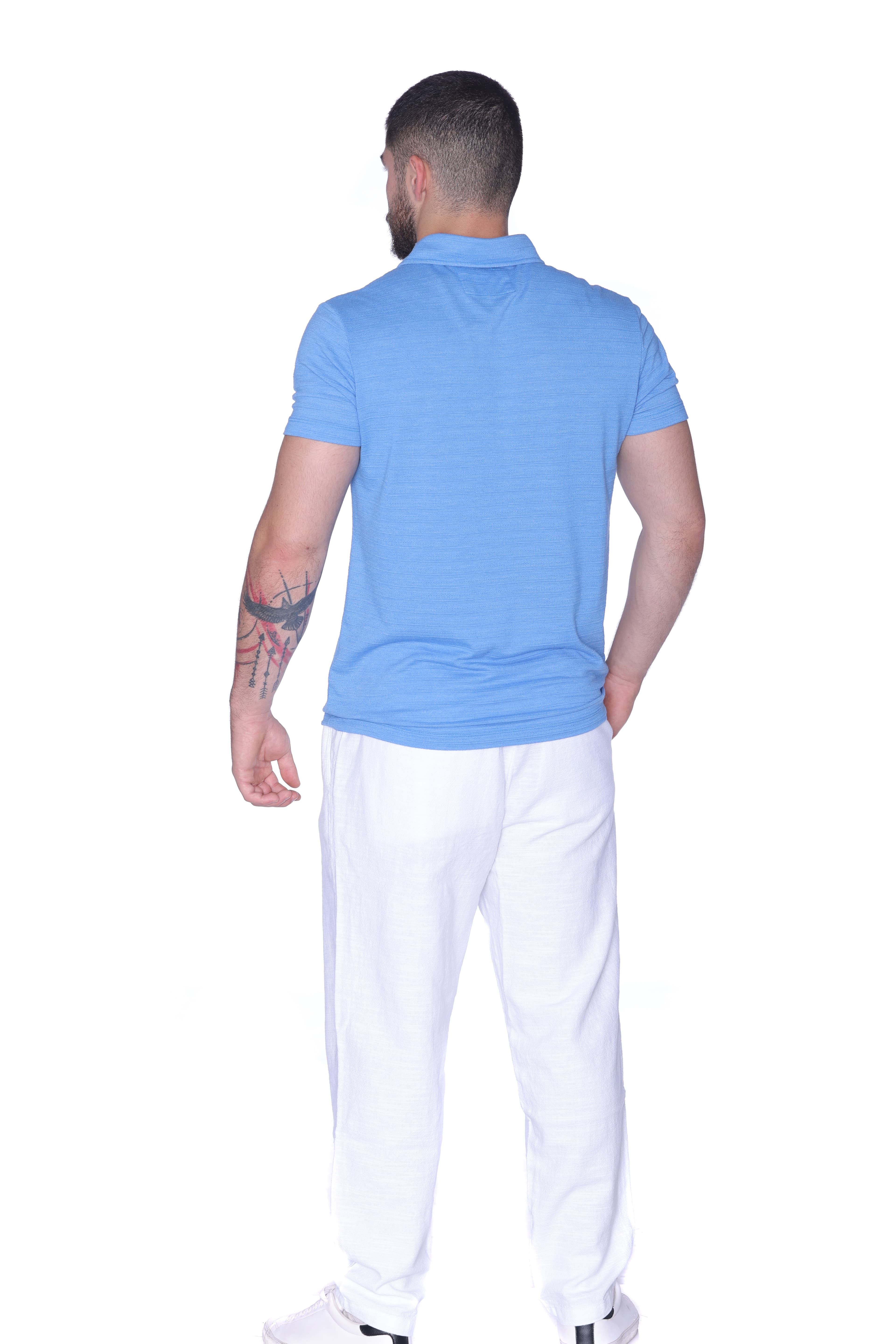 Slim-Fit Light Blue Polo Shirt - Slim-fit light blue polo shirt featuring a clean, minimal design with a soft textured finish. Designed with a classic collar and button placket for a timeless look. Crafted from lightweight, breathable fabric that offers all-day comfort while enhancing the silhouette—perfect for smart-casual outfits or fresh everyday styling.