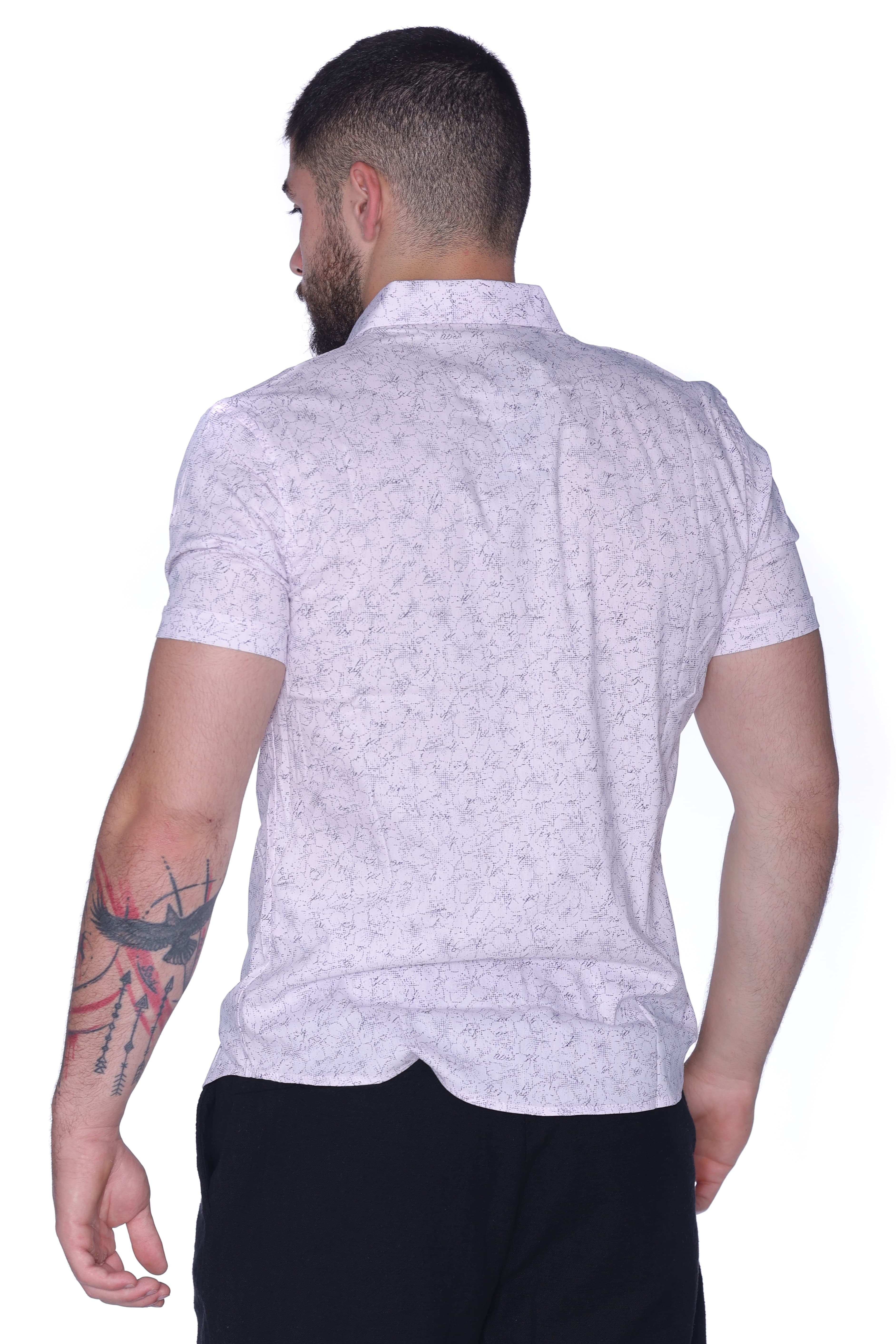 Slim-Fit Button-Down Shirt Light Pink - Slim-fit short sleeve button-down shirt in a light pastel tone, featuring a subtle all-over micro pattern for a refined and modern look. Designed with a sharp collar, clean front closure, and contrasting dark buttons for added detail. Crafted from lightweight, breathable fabric that ensures comfort while maintaining a sleek silhouette—perfect for smart-casual outfits or polished everyday wear.
