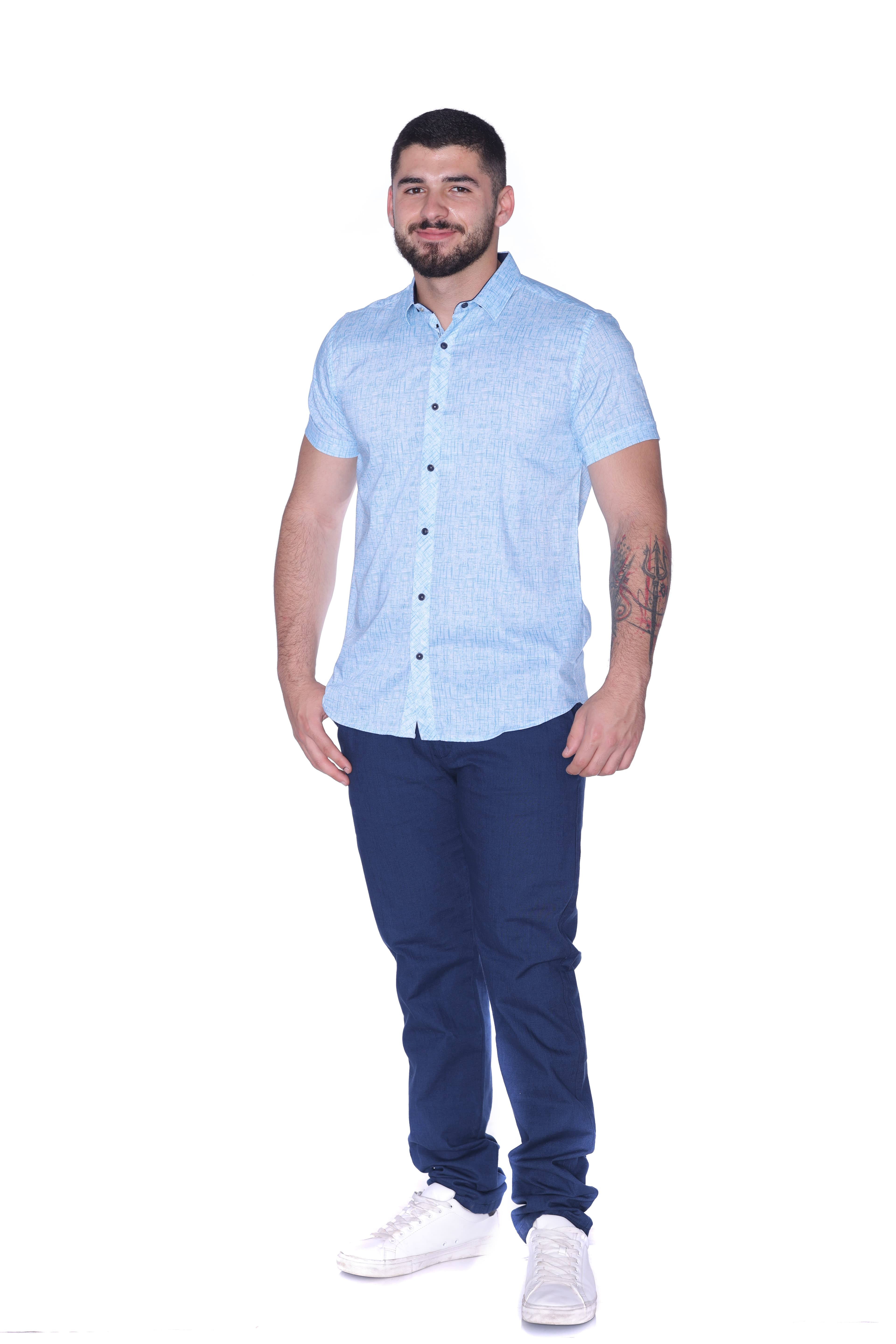 Slim-Fit Light Blue Button-Down Shirt - Slim-fit short sleeve button-down shirt in a fresh light blue tone, featuring a subtle textured pattern for a clean and modern look. Designed with a sharp collar and contrasting dark buttons for added detail. Crafted from lightweight, breathable fabric that ensures comfort while maintaining a sleek silhouette—perfect for smart-casual outfits or polished everyday wear.